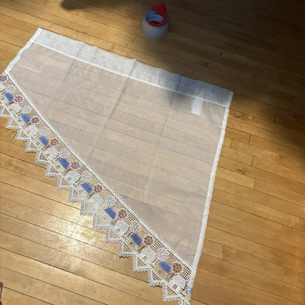 Vintage 70's Embroidered Curtain Window Valance Panels House Trees Sheer 2 Piece